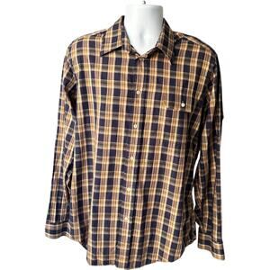 Bill Blass Preppy Plaid Button Down Shirt Navy Tan Brown Classic Fit